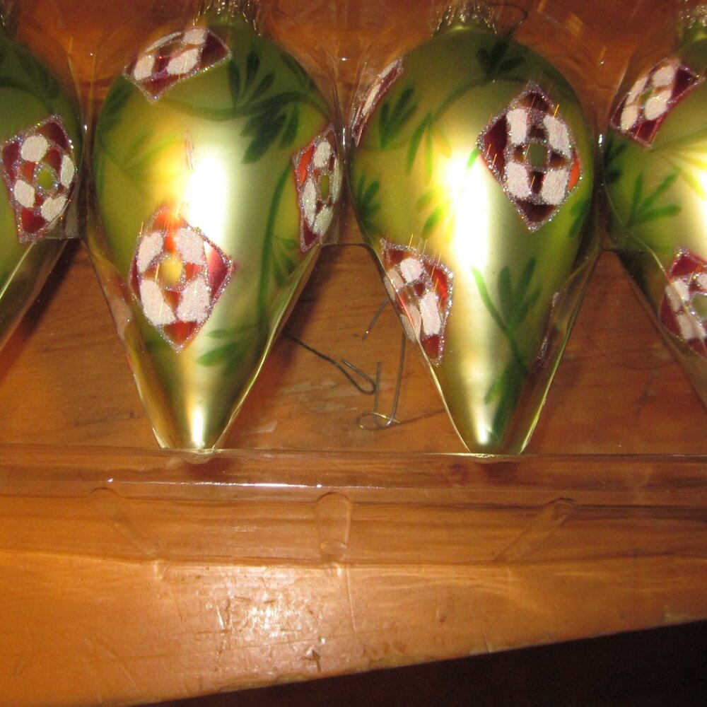 Vtg Krebs Christmas set of 4 teardrop green ornament red white glitter Glass